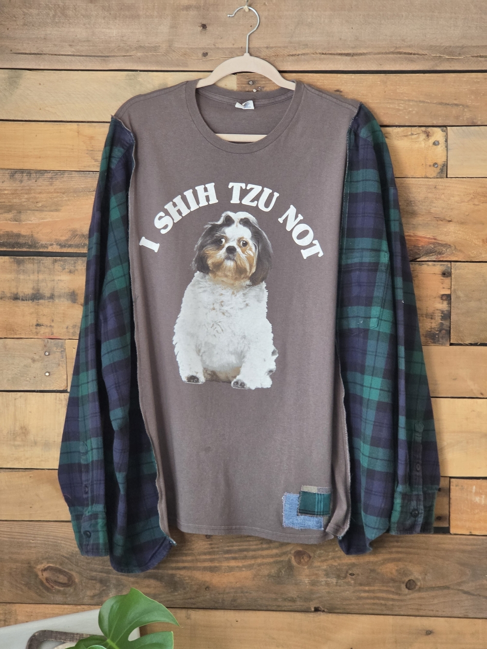 Upcycled  ShihtzuDog Graphic T-Shirt -  with Plaid Sleeves